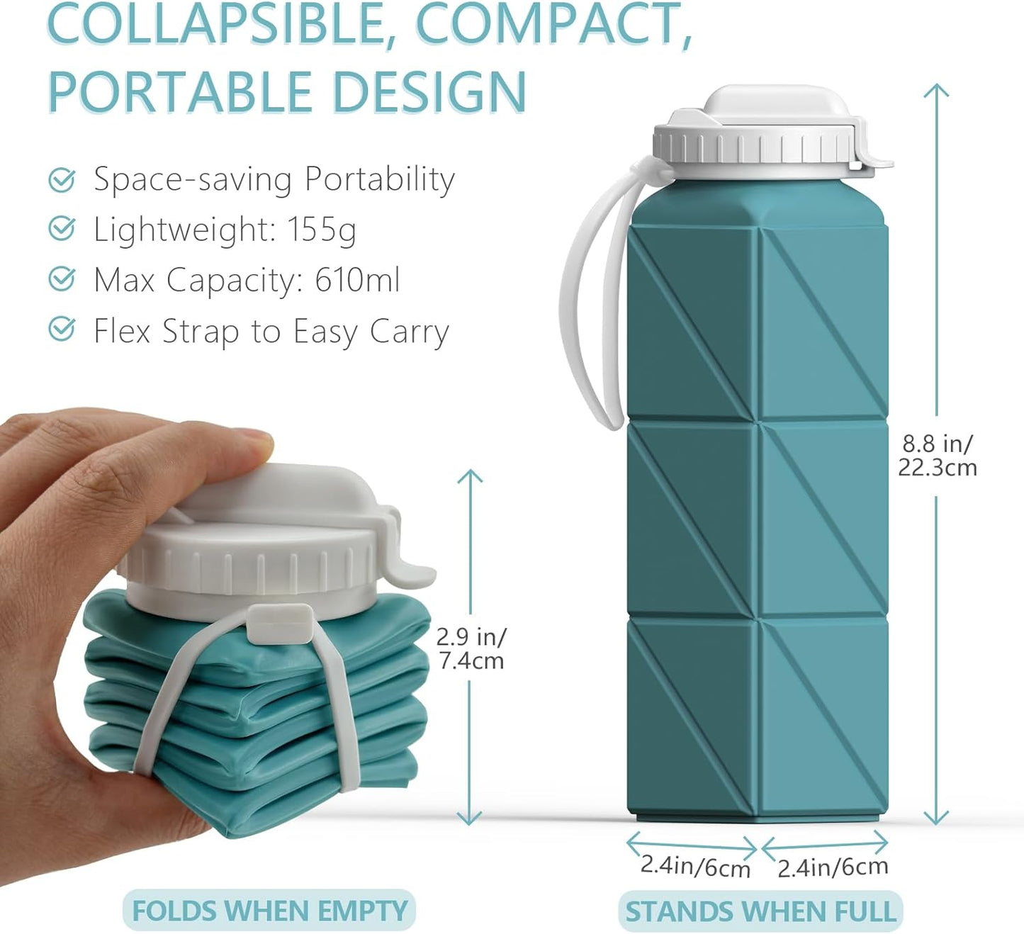 Collapsible Water Bottles with Straw 20.6Oz, Silicone Foldable Portable Water Bottle, Bpa-Free, Leakproof Reusable for Travel Camping Hiking Cycling Yoga Sports, 1 Pack (Blue)