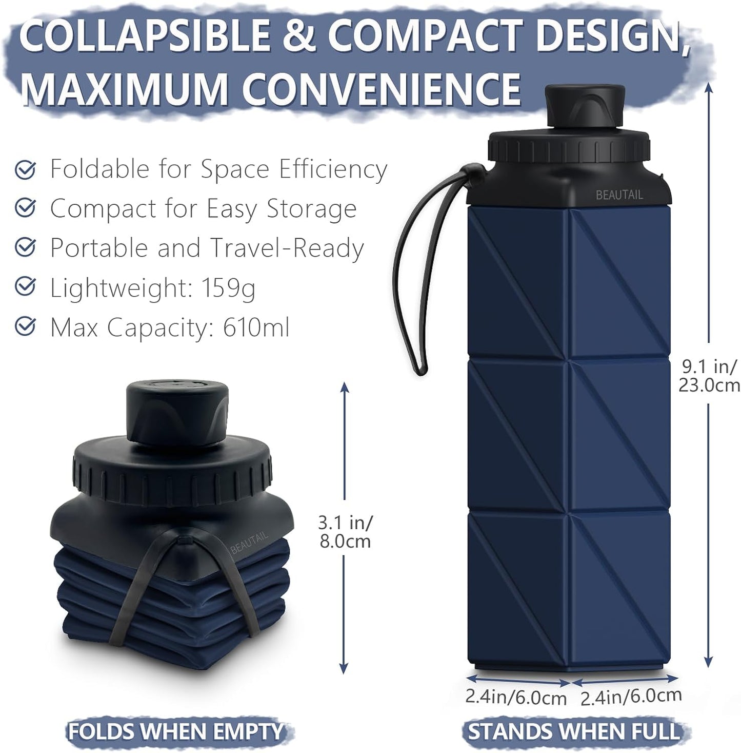Collapsible Water Bottles, Silicone Foldable Water Bottle 610Ml, Bpa-Free Portable Reusable Leakproof Bottle for Gym Travel Camping Hiking Sports Outdoor, 1 Pack (Dark Blue)