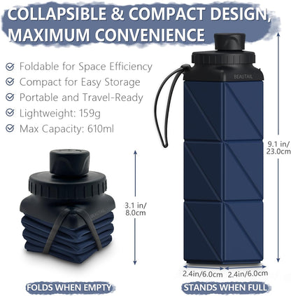 Collapsible Water Bottles, Silicone Foldable Water Bottle 610Ml, Bpa-Free Portable Reusable Leakproof Bottle for Gym Travel Camping Hiking Sports Outdoor, 1 Pack (Dark Blue)