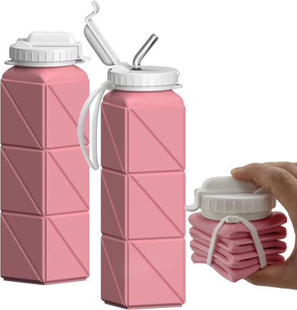 Collapsible Water Bottles with Straw 20.6Oz, Silicone Foldable Portable Water Bottle, Bpa-Free, Leakproof Reusable for Travel Camping Hiking Cycling Yoga Sports, 1 Pack (Pink)