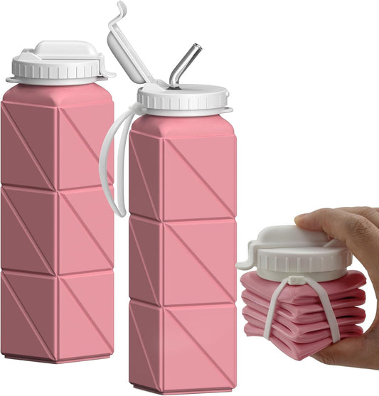 Collapsible Water Bottles with Straw 20.6Oz, Silicone Foldable Portable Water Bottle, Bpa-Free, Leakproof Reusable for Travel Camping Hiking Cycling Yoga Sports, 1 Pack (Pink)