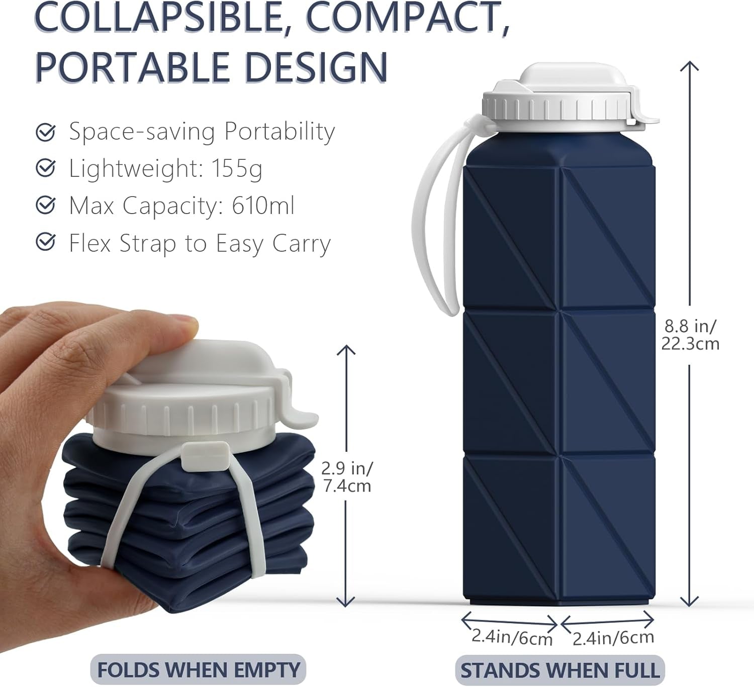 Collapsible Water Bottles with Straw 20.6Oz, Silicone Foldable Portable Water Bottle, Bpa-Free, Leakproof Reusable for Travel Camping Hiking Cycling Yoga Sports, 1 Pack (Dark Blue)