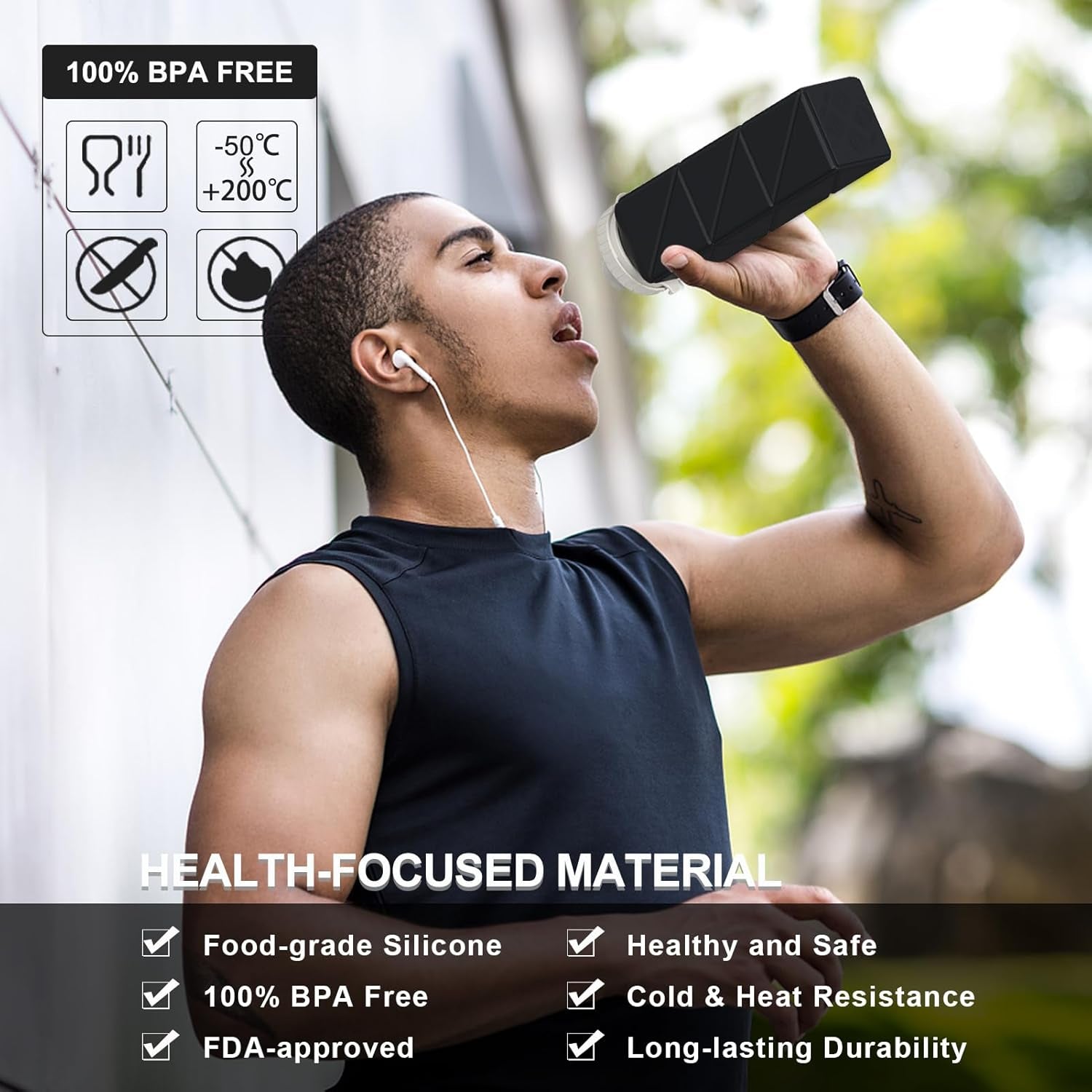 Collapsible Water Bottles 20.6Oz, Silicone Foldable Portable Travel Water Bottle, Bpa-Free, Leakproof Reusable for Traveling Camping Hiking Cycling Yoga Sports Outdoor, 1 Pack (Black)