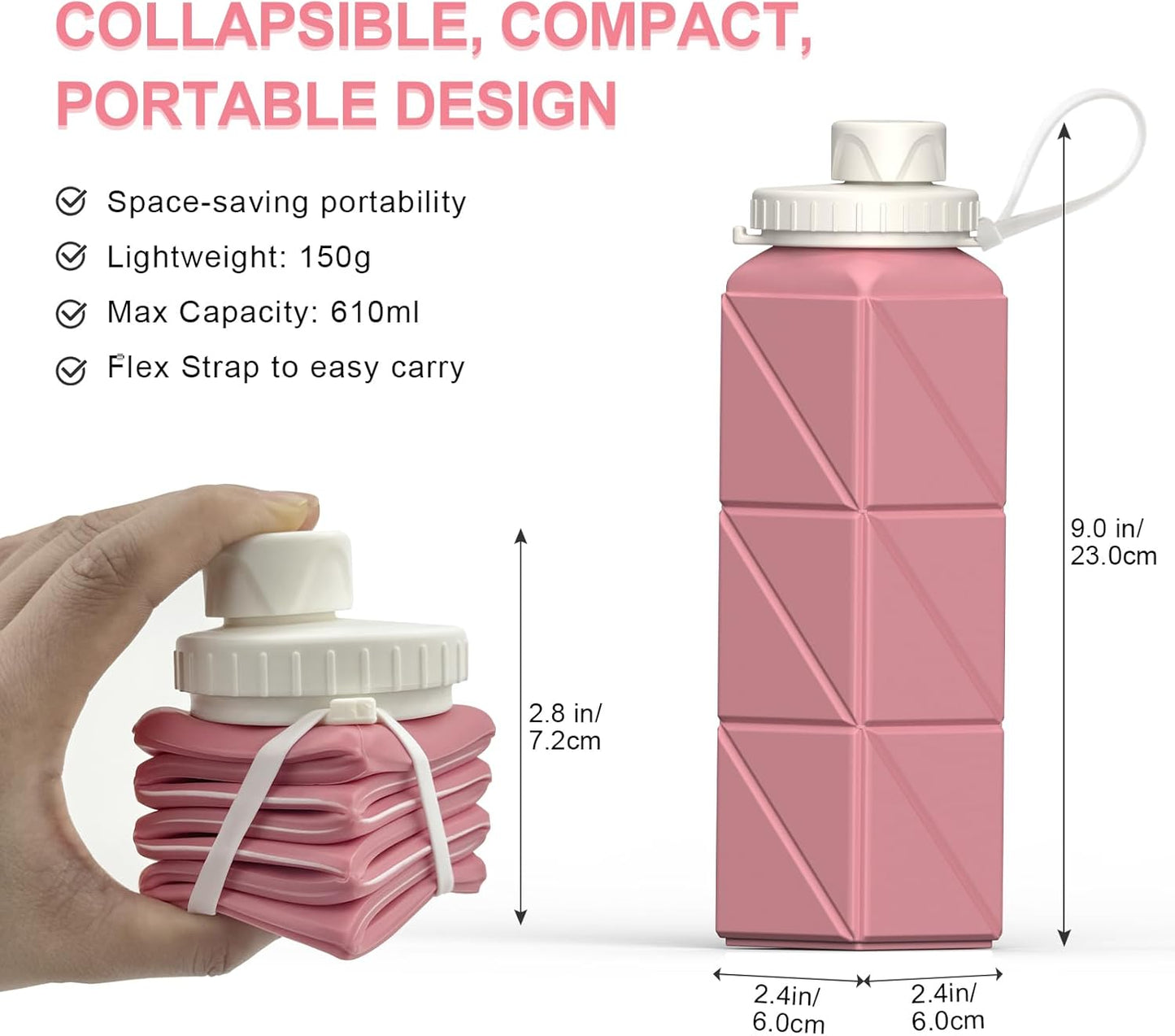 Collapsible Water Bottles 20.6Oz, Silicone Foldable Portable Travel Water Bottle, Bpa-Free, Leakproof Reusable for Traveling Camping Hiking Cycling Yoga Sports Outdoor, 1 Pack (Pink)