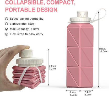 Collapsible Water Bottles 20.6Oz, Silicone Foldable Portable Travel Water Bottle, Bpa-Free, Leakproof Reusable for Traveling Camping Hiking Cycling Yoga Sports Outdoor, 1 Pack (Pink)