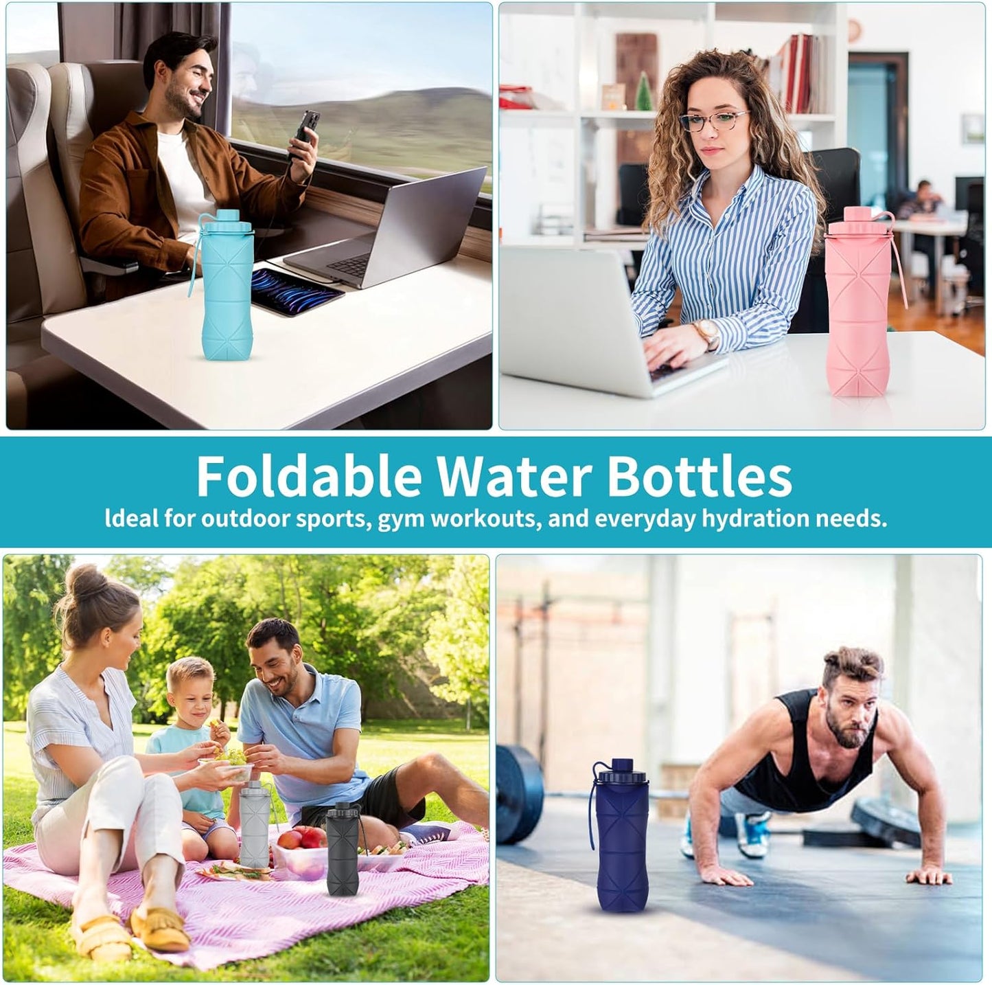Silicone Collapsible Water Bottles,Lightweight Reusable Leakproof for Traveling Camping Hiking Cycling Sports Outdoor,Foldable Portable Travel Water Bottle 600ML Blue 1Pack.