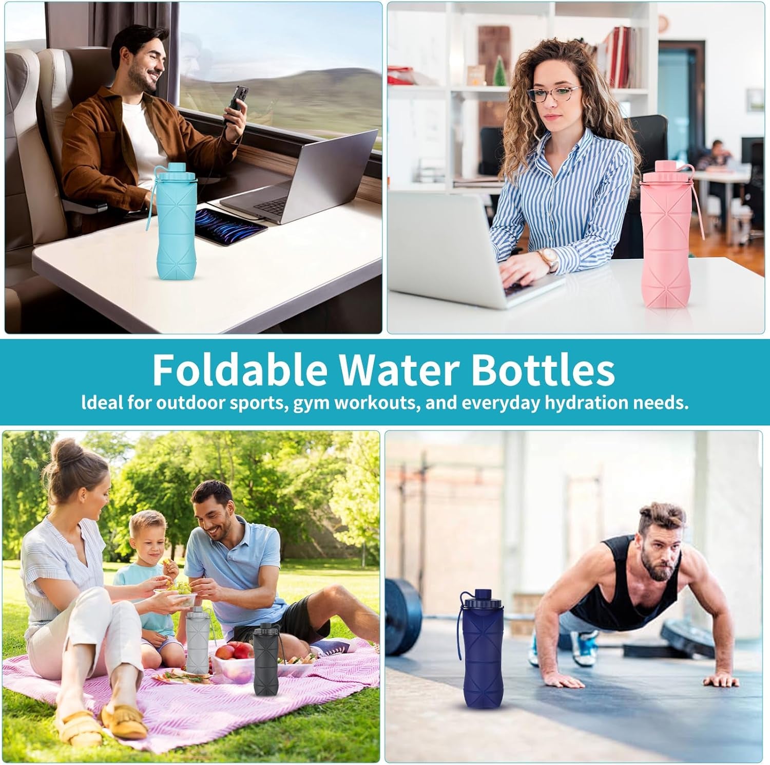 Silicone Collapsible Water Bottles,Lightweight Reusable Leakproof for Traveling Camping Hiking Cycling Sports Outdoor,Foldable Portable Travel Water Bottle 600ML Blue 1Pack.