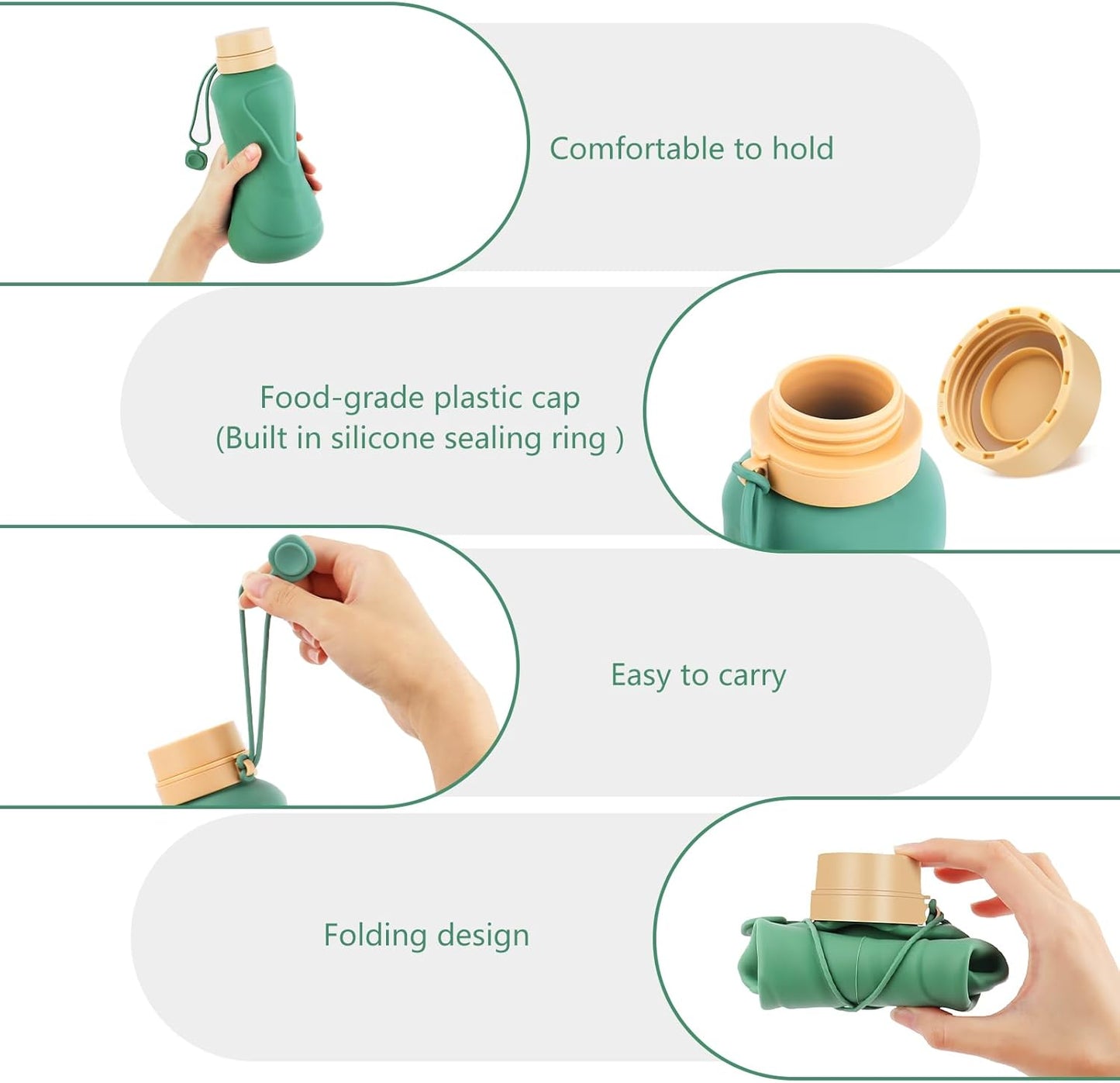 Collapsible Water Bottles,650Ml,Leak Proof,Reuseable BPA Free Silicone Foldable Water Bottles,Durable Lightweight for Travel Gym Camping Hiking,Compact Size Portable Sports Water Bottle (Green)