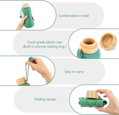 Collapsible Water Bottles,650Ml,Leak Proof,Reuseable BPA Free Silicone Foldable Water Bottles,Durable Lightweight for Travel Gym Camping Hiking,Compact Size Portable Sports Water Bottle (Green)
