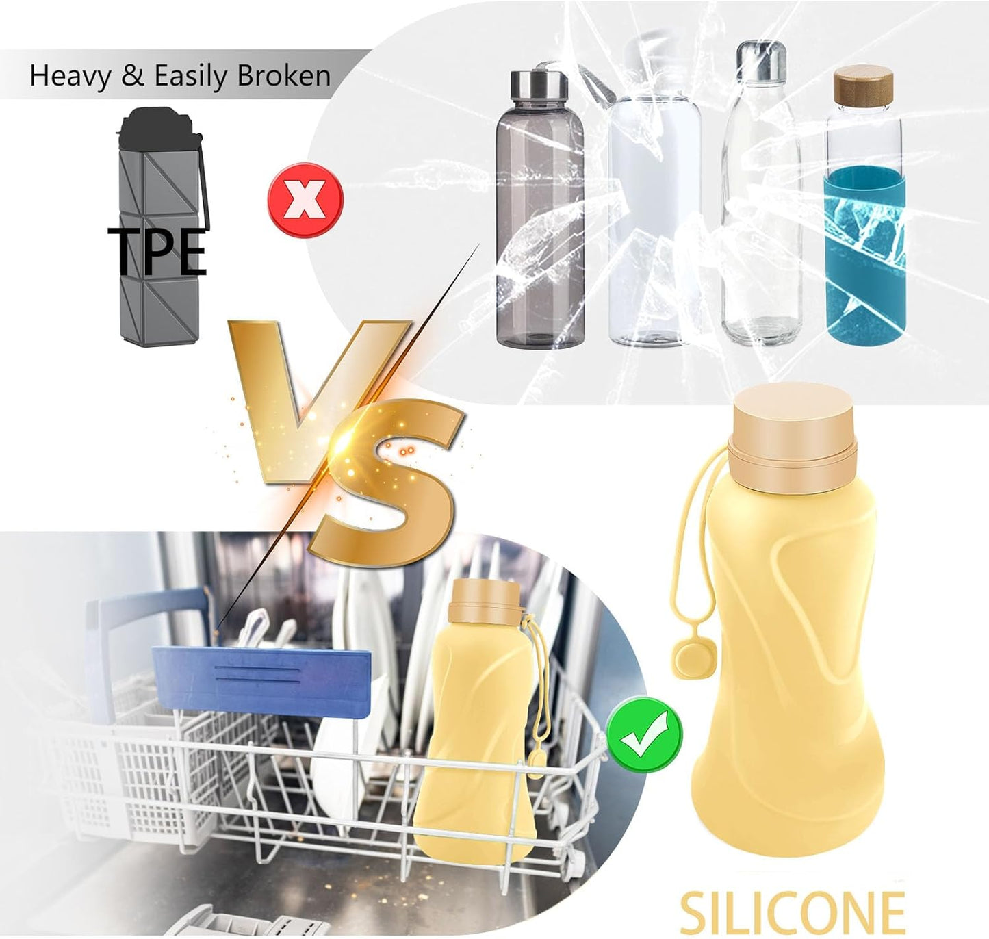 Collapsible Water Bottles,650Ml,Leak Proof,Reuseable BPA Free Silicone Foldable Water Bottles,Durable Lightweight for Travel Gym Camping Hiking,Compact Size Portable Sports Water Bottle (Yellow)