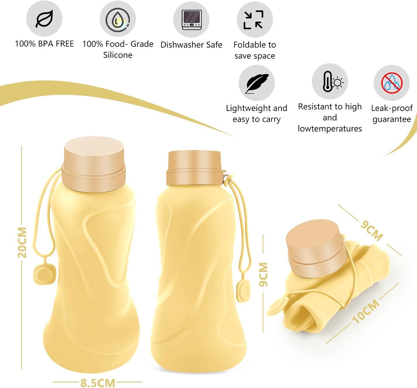 Collapsible Water Bottles,650Ml,Leak Proof,Reuseable BPA Free Silicone Foldable Water Bottles,Durable Lightweight for Travel Gym Camping Hiking,Compact Size Portable Sports Water Bottle (Yellow)