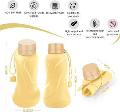 Collapsible Water Bottles,650Ml,Leak Proof,Reuseable BPA Free Silicone Foldable Water Bottles,Durable Lightweight for Travel Gym Camping Hiking,Compact Size Portable Sports Water Bottle (Yellow)