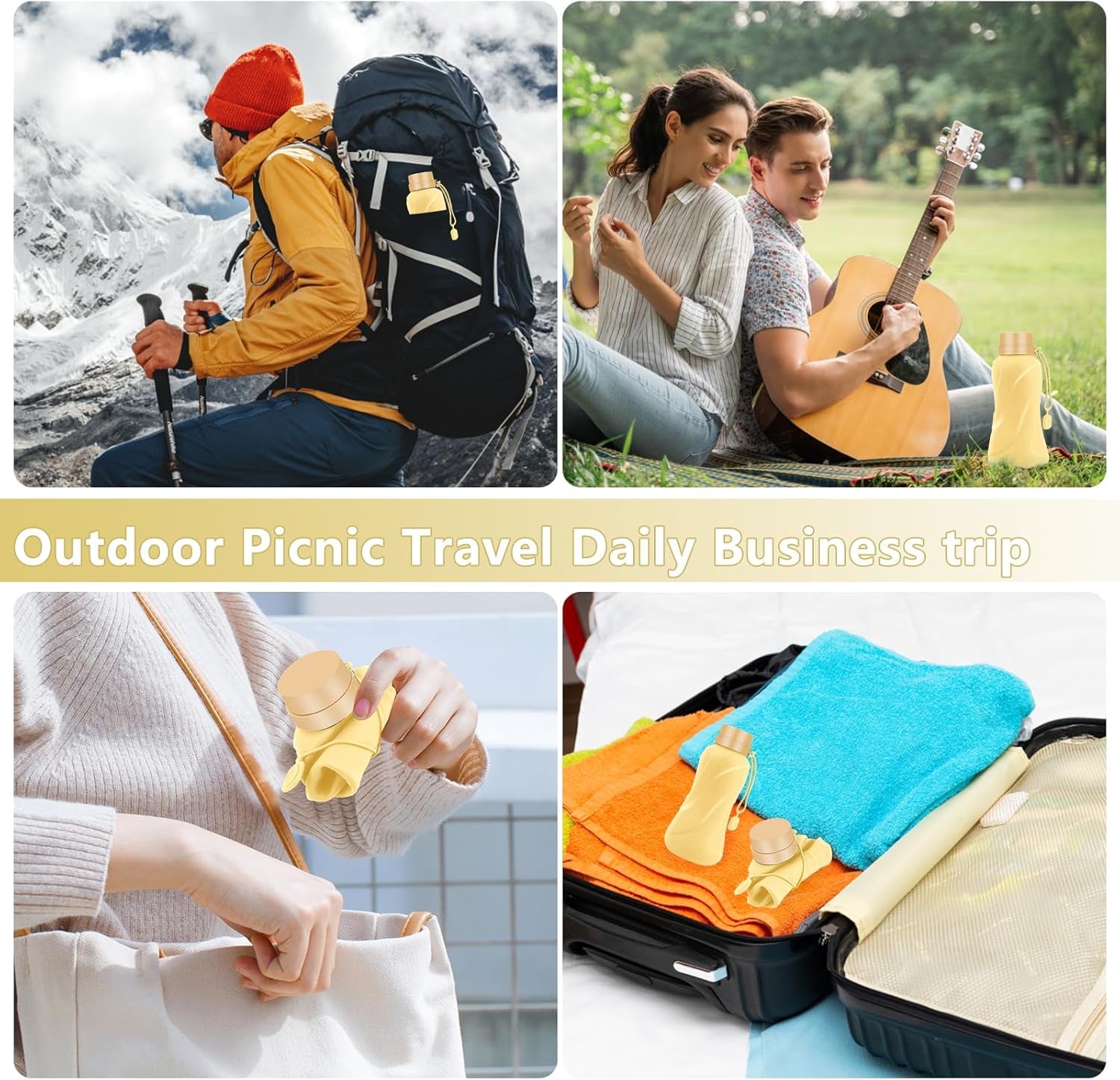 Collapsible Water Bottles,650Ml,Leak Proof,Reuseable BPA Free Silicone Foldable Water Bottles,Durable Lightweight for Travel Gym Camping Hiking,Compact Size Portable Sports Water Bottle (Yellow)