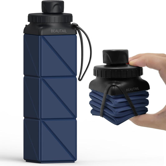 Collapsible Water Bottles, Silicone Foldable Water Bottle 610Ml, Bpa-Free Portable Reusable Leakproof Bottle for Gym Travel Camping Hiking Sports Outdoor, 1 Pack (Dark Blue)