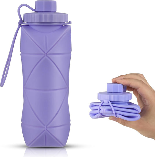 Silicone Collapsible Water Bottles,Lightweight Reusable Leakproof for Traveling Camping Hiking Cycling Sports Outdoor,Foldable Portable Travel Water Bottle 600ML Purple 1Pack.