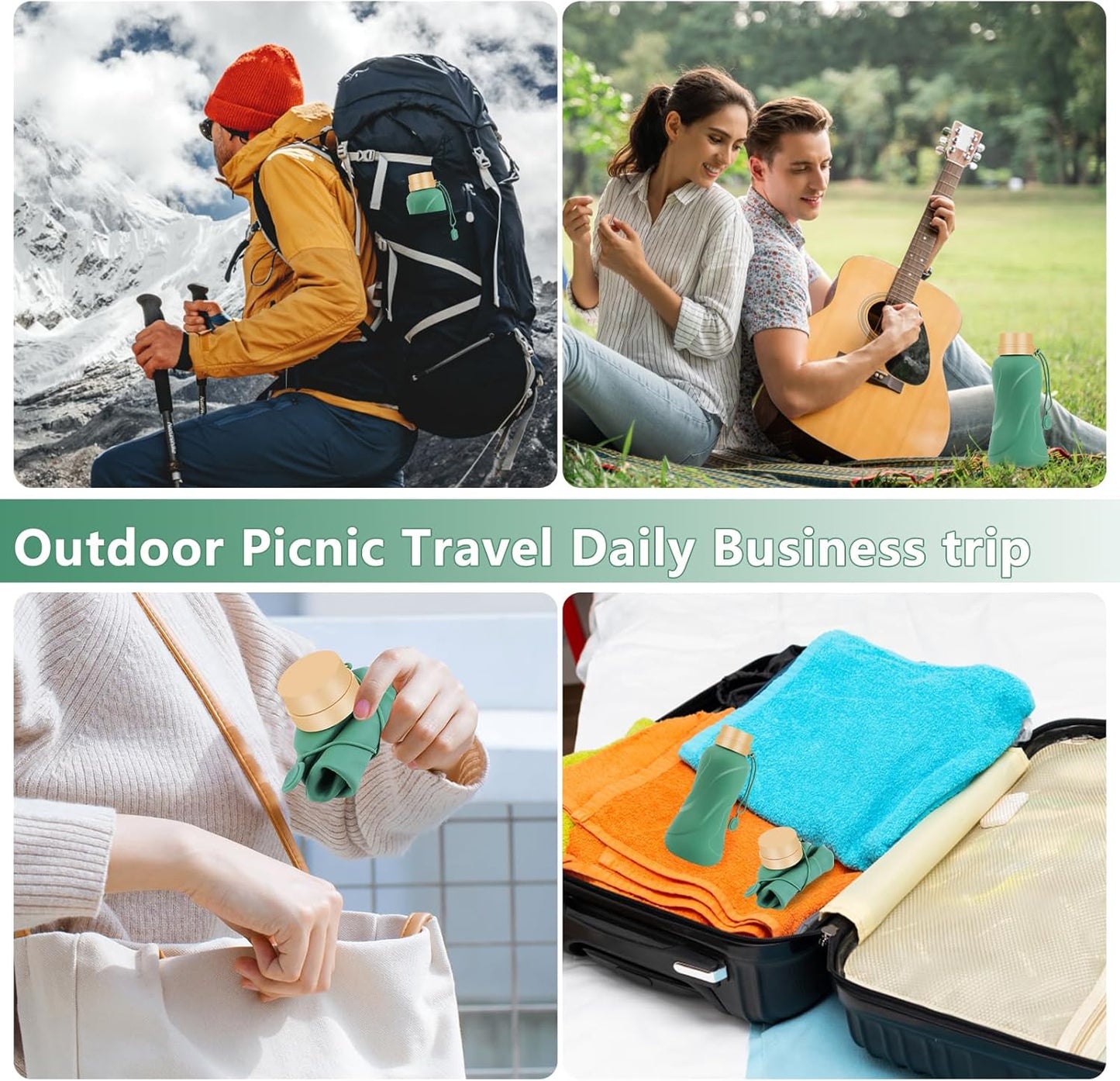 Collapsible Water Bottles,650Ml,Leak Proof,Reuseable BPA Free Silicone Foldable Water Bottles,Durable Lightweight for Travel Gym Camping Hiking,Compact Size Portable Sports Water Bottle (Green)