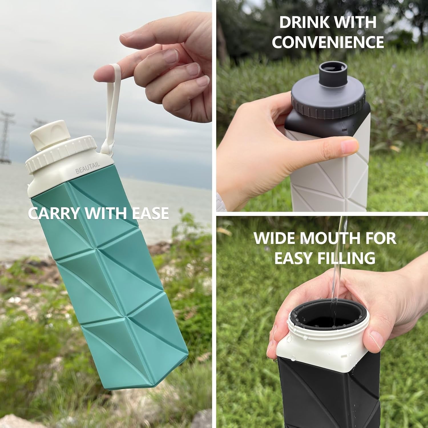 Collapsible Water Bottles, Silicone Foldable Water Bottle 610Ml, Bpa-Free Portable Reusable Leakproof Bottle for Gym Travel Camping Hiking Sports Outdoor, 1 Pack (Dark Blue)