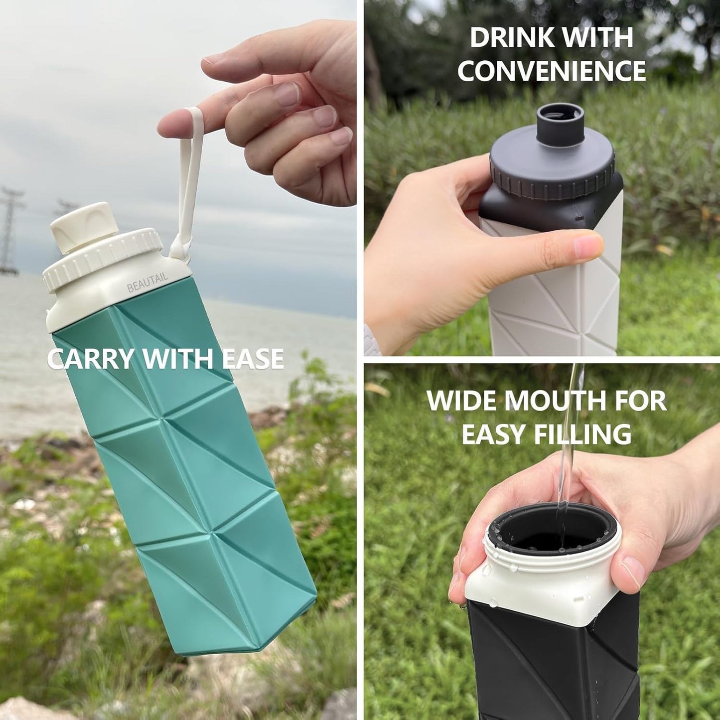 Collapsible Water Bottles, Silicone Foldable Water Bottle 610Ml, Bpa-Free Portable Reusable Leakproof Bottle for Gym Travel Camping Hiking Sports Outdoor, 1 Pack (Blue)