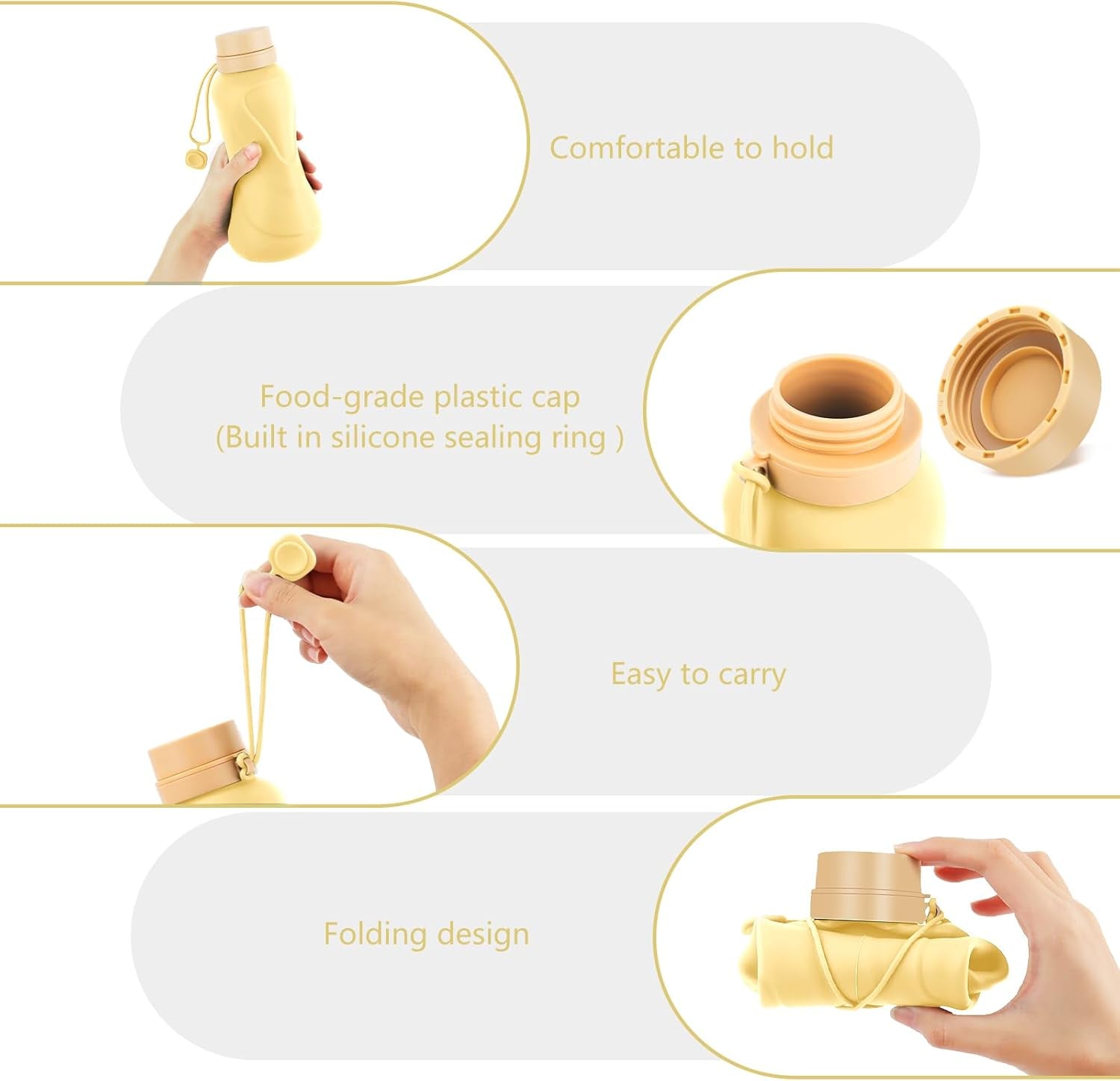 Collapsible Water Bottles,650Ml,Leak Proof,Reuseable BPA Free Silicone Foldable Water Bottles,Durable Lightweight for Travel Gym Camping Hiking,Compact Size Portable Sports Water Bottle (Yellow)