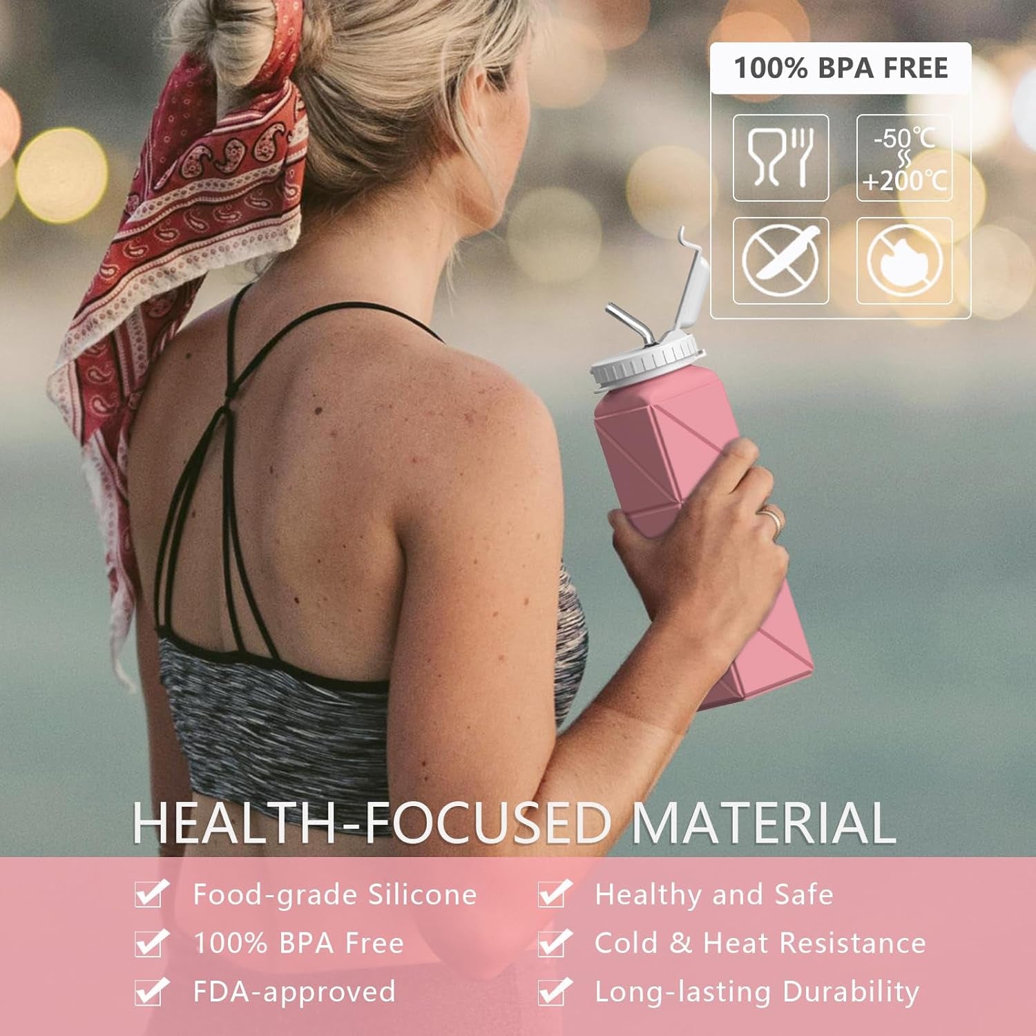 Collapsible Water Bottles with Straw 20.6Oz, Silicone Foldable Portable Water Bottle, Bpa-Free, Leakproof Reusable for Travel Camping Hiking Cycling Yoga Sports, 1 Pack (Pink)