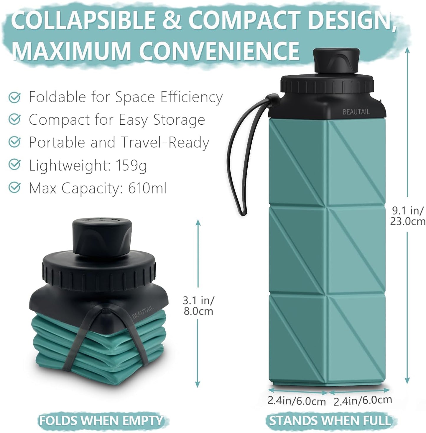 Collapsible Water Bottles, Silicone Foldable Water Bottle 610Ml, Bpa-Free Portable Reusable Leakproof Bottle for Gym Travel Camping Hiking Sports Outdoor, 1 Pack (Blue)