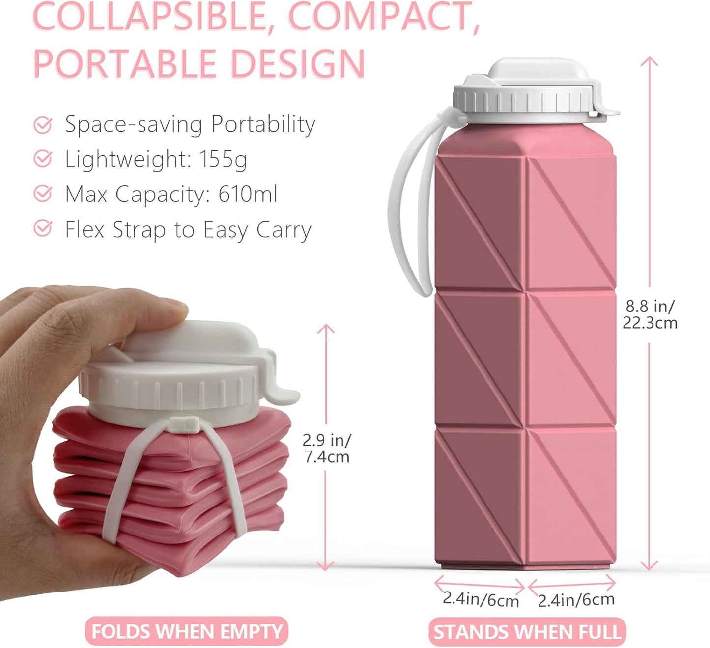 Collapsible Water Bottles with Straw 20.6Oz, Silicone Foldable Portable Water Bottle, Bpa-Free, Leakproof Reusable for Travel Camping Hiking Cycling Yoga Sports, 1 Pack (Pink)