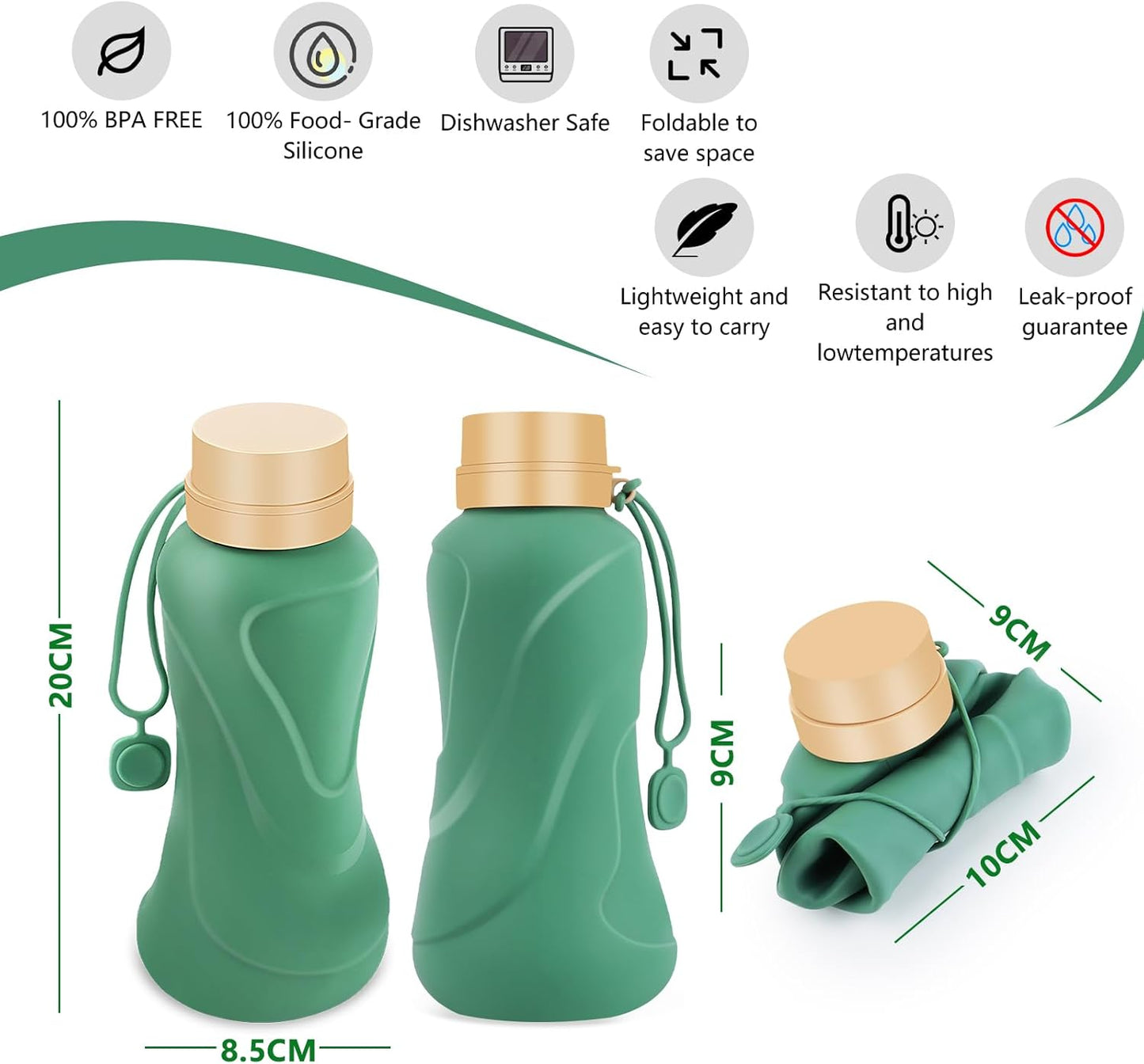 Collapsible Water Bottles,650Ml,Leak Proof,Reuseable BPA Free Silicone Foldable Water Bottles,Durable Lightweight for Travel Gym Camping Hiking,Compact Size Portable Sports Water Bottle (Green)