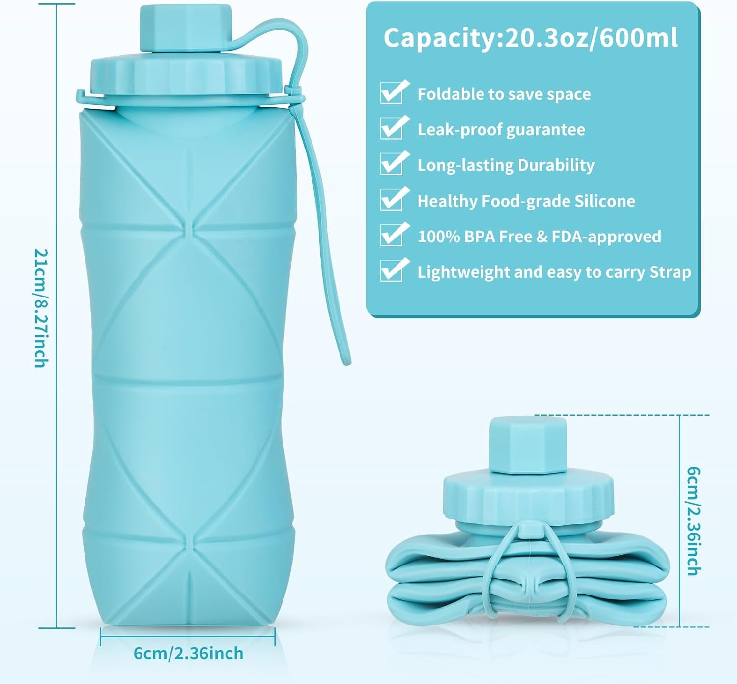 Silicone Collapsible Water Bottles,Lightweight Reusable Leakproof for Traveling Camping Hiking Cycling Sports Outdoor,Foldable Portable Travel Water Bottle 600ML Dark Grey 1Pack.