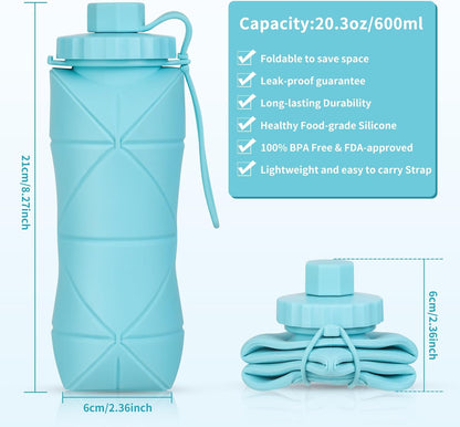 Silicone Collapsible Water Bottles,Lightweight Reusable Leakproof for Traveling Camping Hiking Cycling Sports Outdoor,Foldable Portable Travel Water Bottle 600ML Dark Grey 1Pack.